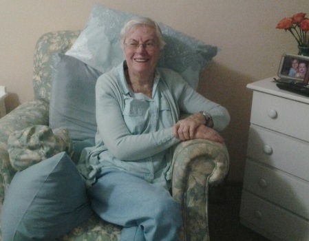Dulcie relaxing in her room after winning the Frail Care Residents Race